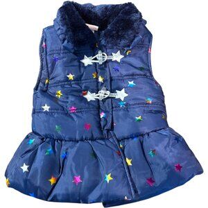 Little Lass girl's blue stars ruffles faux fur trim full zip puffer vest sz 5